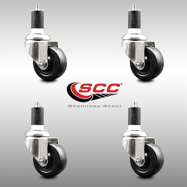 3 Inch 316SS Soft Rubber Wheel Swivel 1-1/2 Inch Expanding Stem Caster Set SCC